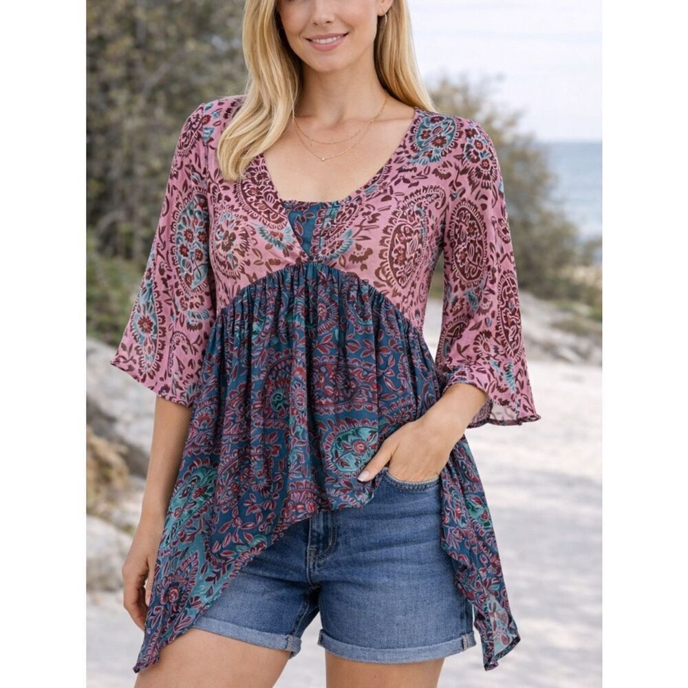 Anthropologie x Floreat Silk Blend Paisley Velvet Burnout Boho Tunic Top XS
